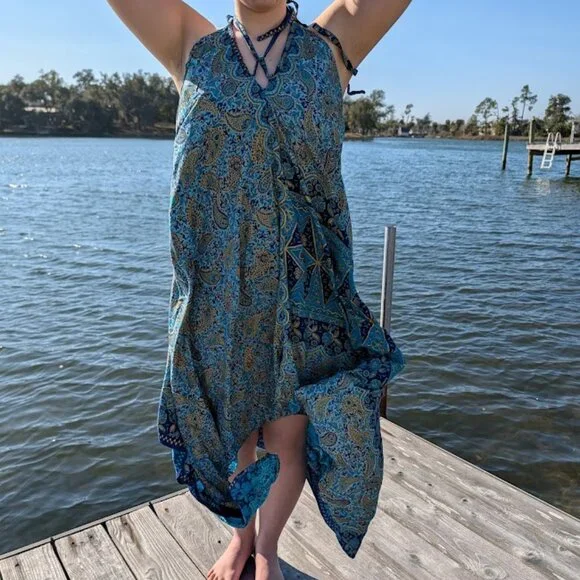 Batik Bali Dress Long One Size Hand Dyed Asymmetrical Hem - Picture 1 of 12